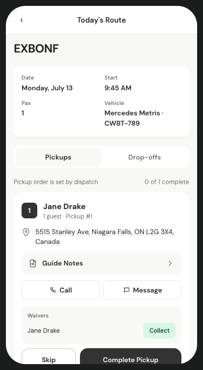 The pickup list, ordered by dispatch